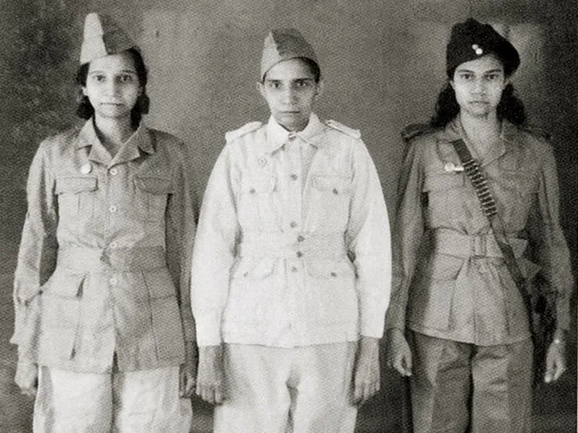Portrait of Lilavati Kaki, Ramaben and Neelamben in uniform